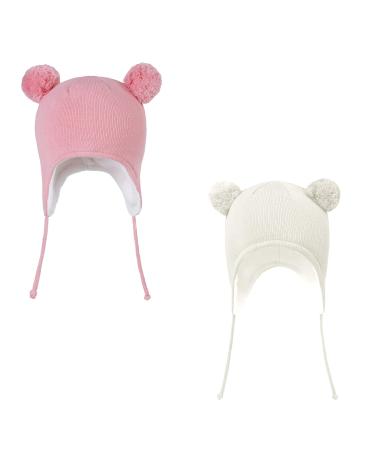 LANGZHEN Toddler Kids Infant Winter Hat Earflap Knit Warm Cap Fleece Lined Beanie for Baby Boys Girls 0-6 Months Classic -White+pink