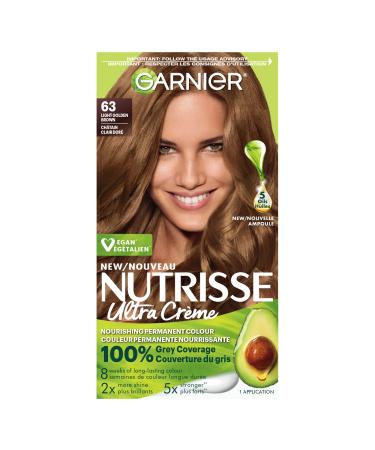 Garnier Nutrisse Ultra Cr me Permanent Hair Dye 100% Grey Coverage Vegan Formula Nourished Hair Long-Lasting Rich Colour 63 Light Golden Brown 1 Application Packaging May Vary BROWN SHADES 63 Light Golden Brown