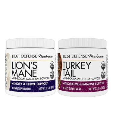 Host Defense Bundle with Lion's Mane Powder 3.5 oz & Turkey Tail Mushroom Powder 3.5 oz - Support Brain Health Memory & Focus - Support Digestive & Immune Health*
