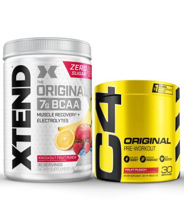 Cellucor Pre Workout & BCAA Bundle C4 Original Pre Workout Powder Fruit Punch 30 Servings + XTEND BCAA Powder Knockout Fruit Punch 30 Servings ORIGINAL Fruit Punch + Xtend BCAA Bundle Recovery Bundle
