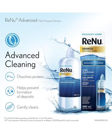 ReNu Advanced Multi Purpose Contact Lens Solution More Than Clean For Soft Contact Lenses Condition Clean Remove Protein Disinfect Rinse and Store Your Lenses Lens Case Included 1 x 360 ml 1 x 360ml - Buy Online on GoSupps.com