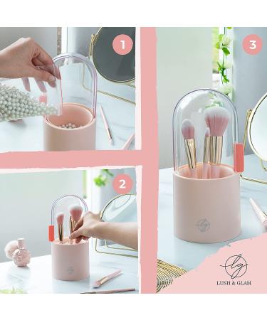 Lush and Glam Bell Jar Makeup Brush Holder | Dustproof Cosmetic Display Case with Lid and 500 Pearls | Lotus Pink Makeup Organizer for Vanity and Bathroom - Buy Online on GoSupps.com