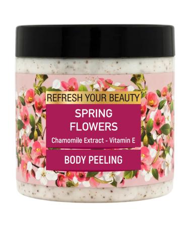 Body Scrub with Spring Flowers - Chamomile Extract Nutshell & Apricot Kernel Granules Gentle Refreshment & Smooth Hydration 16.9 fl.oz