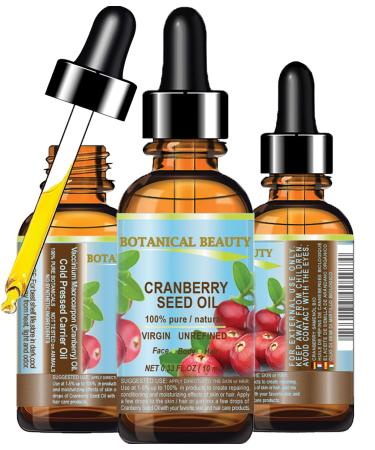 CRANBERRY SEED OIL 100% Pure Natural Unrefined Virgin Cold Pressed Carrier Oil. 0.33 fl.oz - 10 ml. for Face Skin Body Hair Lips Nails Anti - Aging Face Oil by Botanical Beauty