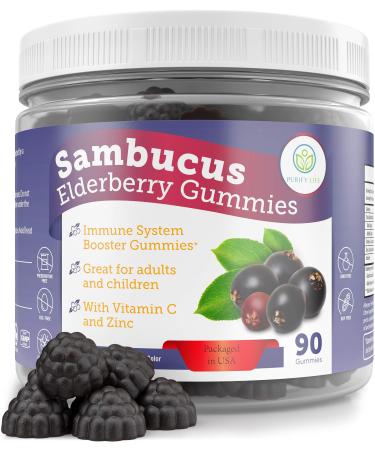 Elderberry Gummies for Kids and Adults - 260mg Sambucus Zinc and Vitamin C (90 Gummies) Immune System Support Booster - Allergy Cold Relief - Chewable Supplement - No Capsules, Pills, Tablets or Syrup Sambucus Elderberry G