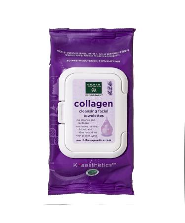 Earth Therapeutics Makeup Remover Wipes - Collagen Increases Skin Elasticity Daily Cleansing Facial Towelettes Remove Makeup & Waterproof Mascara Certified Organic Botanicals 30 wipes