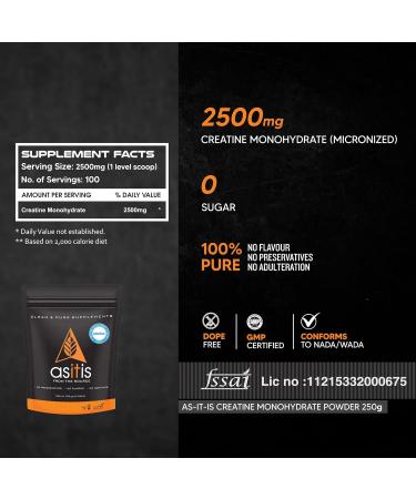 Buy AS-IT-IS Nutrition Creatine Monohydrate 250g - USA Labdoor Certified Pure & Accurate 2.5g Preworkout No Fillers or Preservatives - Buy Online on GoSupps.com