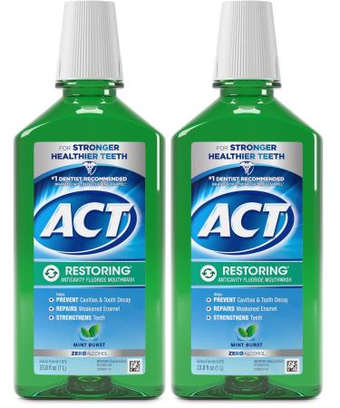 ACT Restoring Zero Alcohol Fluoride Mouthwash 33.8 fl. oz. Strengthens Tooth Enamel Mint Burst (Pack of 2)
