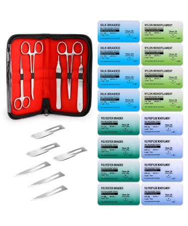 Sterile Suture Thread with Needle and Suture Tools Kit for Medical Student Surgical Suture Practice First Aid Emergency Practice Camping Hiking Preparedness Training Kit Military Trauma Practice