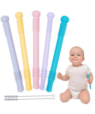 Mothby Teething Sticks for Babies Pack of 5 6.3 Inches Long with 2 Pcs of Cleaning Brushes Straws for 3-12 Months Old Babies Premium Food Grade Silicone Refrigerator & Dishwasher Safe