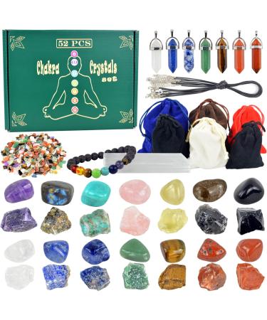 52 PCS Healing Crystals Set Include:14 Chakra Stone,14 Tumbled Stone,7 Crystals Necklaces, 7 Jewelry Ropes,6 Velet Bag, 2 Ounces Crushed Stone,1 Chakra Bracelet,1 Selenite Stick,1 Guide,with Gift Box