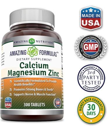 Amazing Nutrition Calcium Magnesium Zinc Dietary Supplement - 300 Tablets - 1000mg Calcium, 400mg Magnesium, 25mg Zinc - 3 Tablet Serving Size - Buy Online on GoSupps.com