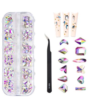 Rhinestones 12 Style Nail Art Rhinestones Glass Crystal AB Rhinestones Flat Back Nails Rhinestones Set with Pick Up Tweezers for Nails Face Clothing Craft 120 Pieces