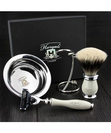 Ivory-colored 4-piece men's rasier set with MACH 3 razors (interchangeable head) silver tip roof hair brush double stand both razors and brushes+ stainless steel shell.Redesigned set.