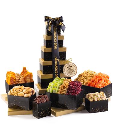 Dried Fruit & Nuts Gift Basket Black Tower + Ribbon (12 Assortments) Holiday Christmas Gourmet Bouquet Arrangement Platter, Birthday Care Package, Healthy Food Kosher Snack Box for Adults Men Women Assorted Fruits & Nuts -
