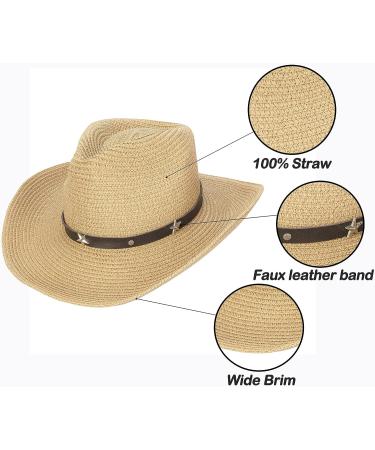 Khaki Straw Cowboy Cowgirl Hat with Wide Brim Sun Protection - Men Women Western Style - Buy Online on GoSupps.com