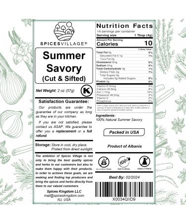 Spices Village Summer Savory 2 oz - Natural Dried Leaves for Cooking & Tea | Mediterranean Seasoning - Kosher, Gluten Free, Vegan, Non GMO | Resealable Bag - Buy Online on GoSupps.com