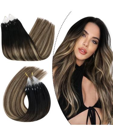 UGEAT Microring Extensions Real Hair Black Ombre Caramel Brown Micro Loop Extensions 55cm Microring Hair Extensions Remy Micro Extensions Real Hair Microring Extensions Real hair 50g 50 Stripes 55 cm 1.Microring #1b/4/27