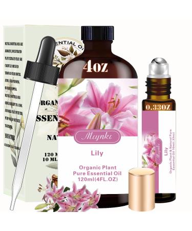 Lily Essential Oil - Lily Oil 4 Fl Oz & Lily Essential Oil Roll On 10ML Essential Oil Set for Aroma Diffuser Humidifier Bath SPA Cleaning Massage Yoga DIY Candle Making Perfume Gift for Women