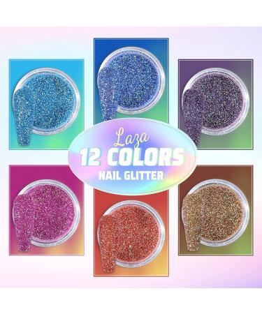 Laza 12 Colors Nail Art Glitter Peacock Powder - Holographic Shimmer Dust for Nail Decoration - Azure Pink and Gold - Buy Online on GoSupps.com
