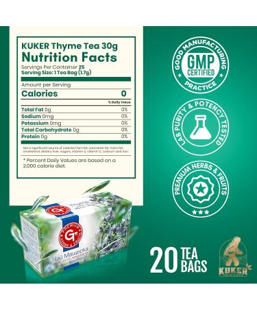 KUKER Thyme Tea - Herbal Tea Bags with Fresh Dried Thyme Herbs Calming Bedtime Tea Thyme Dried Tea for Relaxation Cold Infusion Tea Bags Soothing Flavor Easy Brew - 20 Tea Bags 30g - Buy Online on GoSupps.com