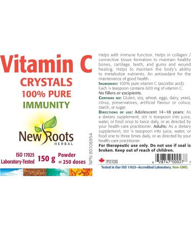 New Roots Herbal - Vitamin C Crystals 150g Powder - Helps in Collagen Formation to Maintain Healthy Bones Cartilage Teeth and Gums - Helps to Maintain and Support Immune Function 150 g (Pack of 1) - Buy Online on GoSupps.com