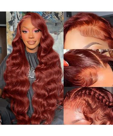 Reddish Brown Lace Front Wigs Human Hair Pre Plucked 13x4 Auburn Colored Human Hair Lace Front Wigs Body Wave Glueless Wigs Human Hair Transparent HD Lace Frontal Human Hair Wigs 22 Inch 22 Inch Reddish Brown
