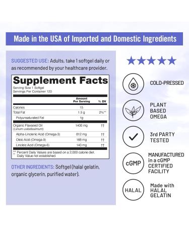 NatureWise Flaxseed Oil 1400 mg Fish Free High Potency Omega 3 with 812 mg ALA Dietary Supplement for Heart Health Support - Organic Cold Pressed Non-GMO - 120 Softgels 120-Day Supply  - Buy Online on GoSupps.com