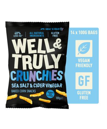 WELL&TRULY: Salt & Vinegar | Baked Corn Snacks - Gluten Free - Plant Based & Vegan - No Added Sugar - Less Fat - Healthy Snack - (Box of 14 Bags 100g Each)
