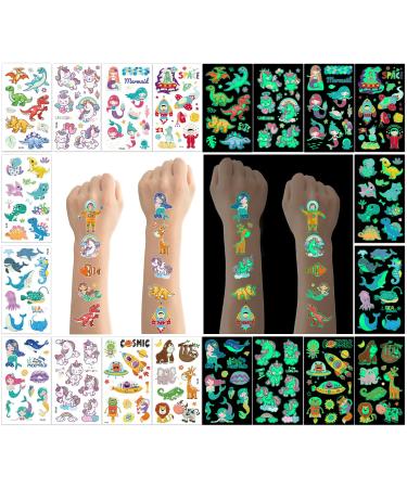 350pcs+ (30 sheets) Glow In The Dark Temporary Tattoos for Kids, Waterproof Luminous Fake Tattoo Sticker Mixed Style With Dinosaur Unicorn Mermaid Space Sea Animals for Girls and Boys A Mixed Style
