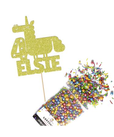 Cakeshop Cake Decoration Pack | Funny Unicorn Theme Premium Double Sided Glitter Card Cake Topper & 25g Party Pack of Cake Sugar Sprinkles | Custom Name & Age Cake Decorations (Champagne) Non-Prime Glitter Card: Champagne