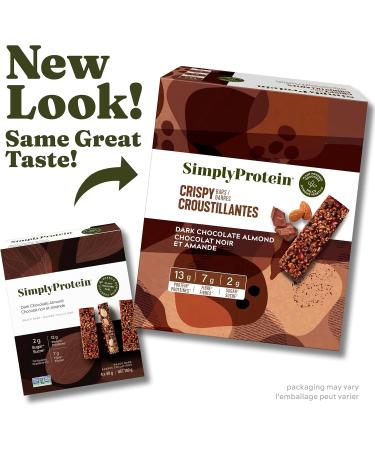 Simply Protein - Dark Chocolate Almond Crispy Bars - Plant Based Protein Bars - Low Carb Low Sugar High Fibre - 13g Protein 2g Sugar 7g Fibre - Vegan Gluten Free Non GMO Kosher - 4 Bars Dark Chocolate Almond 4 Count (Pack of 1) - Buy Online on GoSupps.com