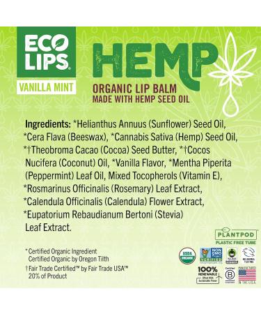 Eco Lips Organic Hemp Lip Balm with Beeswax Coconut Oil Vitamin E. Best Lip Balm to Soothe & Moisturize Dry Chapped Lips (Vanilla Mint 6-Pack) | Made in the USA Vanilla Mint 6 Count (Pack of 1) - Buy Online on GoSupps.com