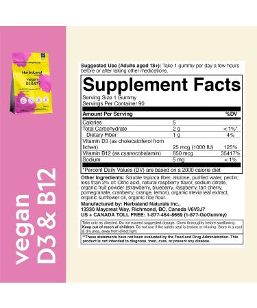 Herbaland Vegan Vitamin D3 B12 Gummies - Immune System & Energy Support - Raspberry Flavor - Buy Online on GoSupps.com
