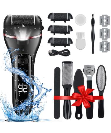 Electric Foot Callus Remover, Rechargeable 16 in 1 Foot File Pedicure Kit Tools,Waterproof Foot Scrubber Dead Skin Remover with 3 Roller Heads & 2-Speed Power Pedicure Tools for Feet Hands Heels Spa Black