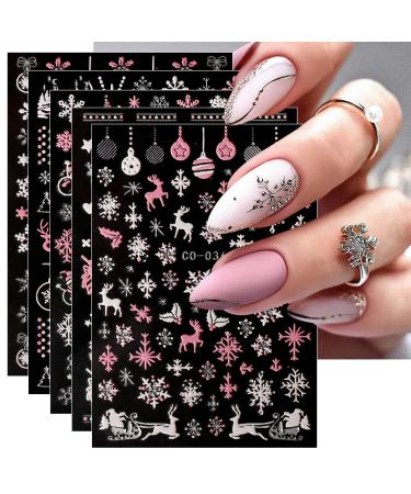 JMEOWIO 12 Sheets Christmas Glitter Nail Art Stickers Decals Self-Adhesive Snowflake Winter Holiday Cute Silver Pink Nail Supplies Nail Art Design Decoration Accessories