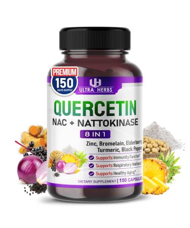 Quercetin Supplement with Bromelain, Vitamin C and Zinc, Nattokinase, NAC, Elderberry, Elderberry | 8 in 1 Ultra Antioxidant Complex for Immune Health | 150 Capsules 150 count (pack of 1)