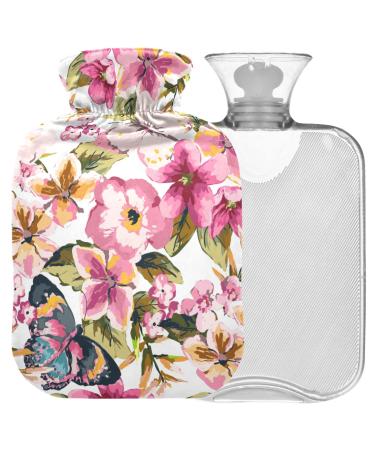 Naanle hot water bottle with the cover cherry blossom butterfly transparent hot water bottle heat bottle for back pain relief handfoot warmer neck warmth and cold therapy 1l