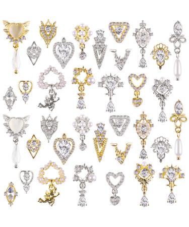 36 Pcs Luxury Nail Art Rhinestone, TOROKOM 3D Dangle Nail Art Charms Gold Silver Heart Pearl Crystal Gems Nail Diamond for Girl Women DIY Nail Design Craft Jewelry Making Dangle Nail Charms