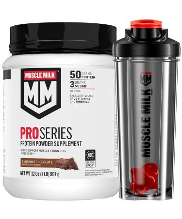 Bundle of Muscle Milk Pro Series Protein Powder Supplement Knockout Chocolate 2 Pound 11 Servings 50g Protein 3g Sugar + Muscle Milk Blender Bottle 24 Oz