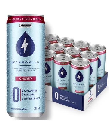 WakeWater Sparkling Water | Cherry | Natural Green Tea Caffeine | Zero Sugar Zero Calories Sweetener Free Sugar Free | 355ml X 12 cans