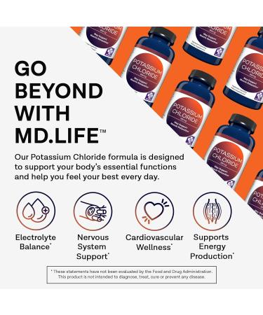 MD. Life Potassium Chloride Supplement 99mg 60 Capsules Vegetarian Potassium Chloride Capsules Supports Muscle Function & Healthy Blood Pressure Third-Party Lab Tested - Buy Online on GoSupps.com