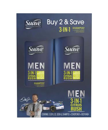 Suave Men 3 in 1 Shampoo Conditioner Body Wash, Citrus Rush, 28 oz, 2 count 28 Fl Oz (Pack of 2) Shampoo Conditioner and Body Wash, Citrus Rush 28 oz, Twin