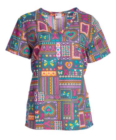 24|7 Comfort Scrubs Women's Butterfly and Heart V Neck Crossover Scrub Top X-Large Butterfly/Heart