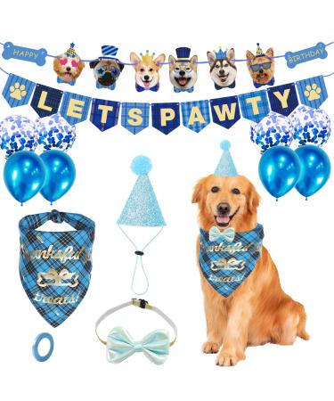 Hundeburtstagparty accessories dog birthday and bandana for girls with dog hooks and balloons Lets Pawty Happy Birthday Banner for Pets puppies cats small medium-sized dog dogs birthday decoration blue