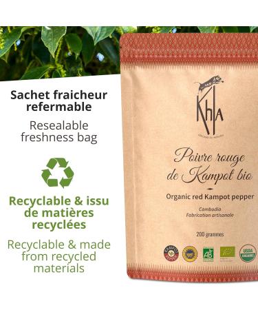 Khla - Poivre Rouge de Kampot Certifi Bio 200 g - Sachet Poivre en Grains Biologique - Grand Cru Doux & Fruit - Ingr dient Cuisine - Direct Producteur - pice Asie - Origine Cambodge - Buy Online on GoSupps.com