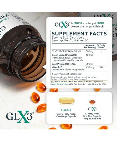GLX3 Joint Support Extra Strength Omega-3 Supplement | Premium New Zealand Green Lipped Mussel Oil - Comfort, Flexibility, Muscle Recovery - ETA EPA DHA Omega 3 Supplement Capsules by Haka Life 60 Count (Pack of 1) - Buy Online on GoSupps.com