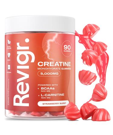 Revigr Max 5000mg 90 Creatine Monohydrate Gummies Added 500mg BCAAs + 500mg L-Carnitine Vegan & Sugar-Free Premium Pre-Workout Gym Supplement (1 Month Supply) (Strawberry Burst) - Buy Online on GoSupps.com