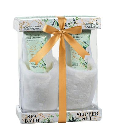 Home Spa Slippers Set Bath Gift Basket - White Rose Jasmine Fragrance - Luxury Bath & Body Set For Women - Contains Body Lotion and Shower Gel  Plush Cozy Close Toe Slippers Perfect for Holiday