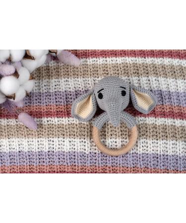 Handmade Elephant Amigurumi Crochet Rattler with Wooden Teething Ring for Newborns - Baby Animal Rattle Toy - Buy Online on GoSupps.com